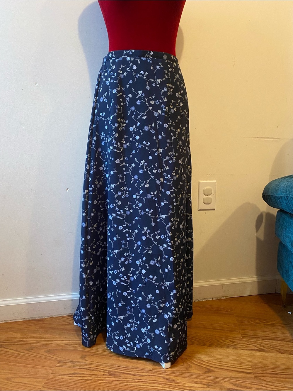 Vintage Navy Floral Maxi Skirt with Delicate White Print